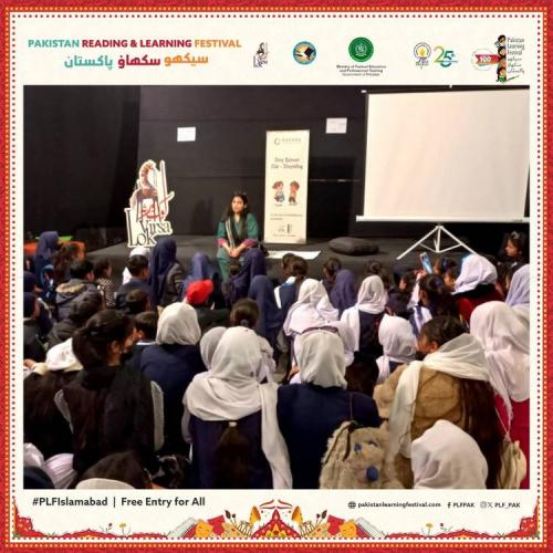 Adeela Afghan is leading a captivating storytelling session at the Oxford University Press space, inspiring young minds